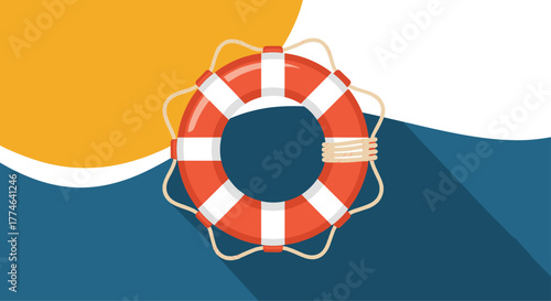 A red and white lifebuoy floats calmly on the blue ocean with a bright yellow sky and white waves, offering a symbol of safety.