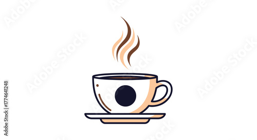 A minimalist illustration depicting a warm cup of coffee with steam rising, placed on a saucer, isolated on a clean white background.