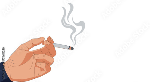 A hand in a dark sleeve is holding a lit cigarette with smoke rising from the tip, depicted against a plain white background.