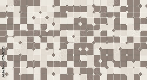 Modern and decorative tile mosaic in shades of beige and taupe, forming a complex geometric design with octagonal and diamond shapes.