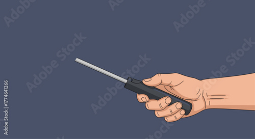 A person's hand is shown holding a black-handled fire starter with a silver rod, poised and ready to create a spark.
