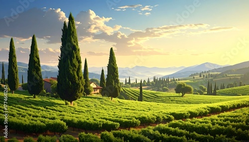 Lush, green vineyards, dotted with tall, slender trees, stretch toward rolling hills under a sunny, partly cloudy sky. A home sits in the distance