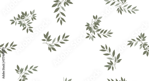 A delicate and modern seamless pattern featuring scattered green leaves and branches on a clean white background, perfect for natural and botanical designs.