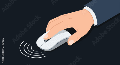 A person's hand operates a white wireless computer mouse on a dark surface, with signals indicating connectivity.