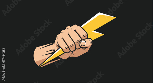 Muscular hand firmly grasping a bright yellow lightning bolt, representing strength, electricity, and dynamic energy.