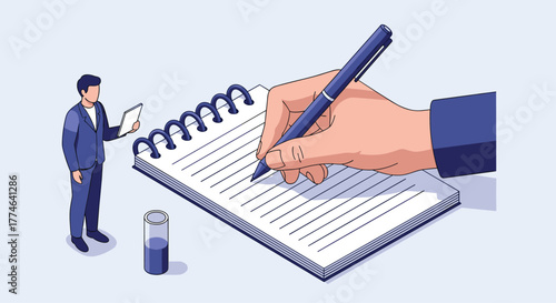 A businessman with a tablet oversees a large hand writing on a notepad, illustrating strategic planning, idea generation, and project management.