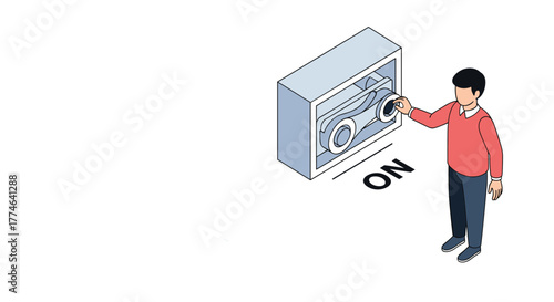 A man in a red sweater turns on a large industrial switch in an isometric illustration, signifying activation or power.