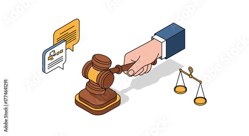 Isometric illustration of a hand holding a judge's gavel, with scales of justice and speech bubbles, representing legal processes and justice.