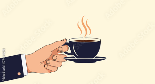 A man's hand in a business suit sleeve holds a steaming cup of hot coffee, symbolizing a break or professional refreshment.
