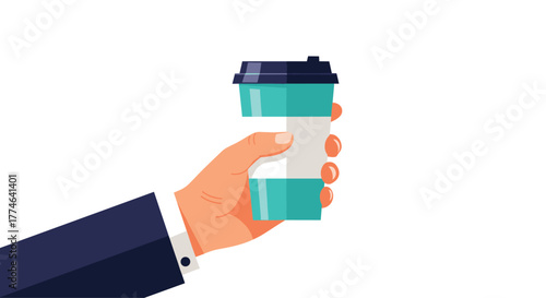 A man's hand in a suit sleeve holds a teal takeaway coffee cup with a white sleeve, against a white background.
