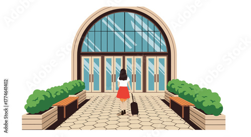 A woman with luggage walks towards the grand arched entrance of a modern building, ready for travel or a new beginning.