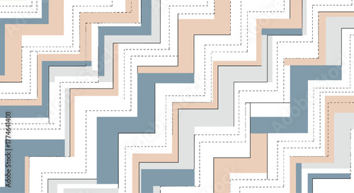 A contemporary seamless abstract pattern featuring interconnected zigzag and chevron shapes in soft blue, beige, and gray with dashed line details.
