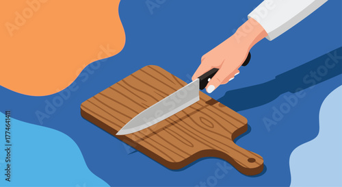 A hand holds a sharp chef's knife poised above a rustic wooden cutting board, indicating food preparation or cooking activities.