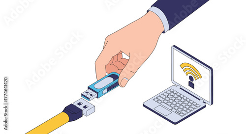 Hand connecting a USB flash drive to a cable, with a laptop showing a Wi-Fi symbol, depicting data transfer and digital connectivity.