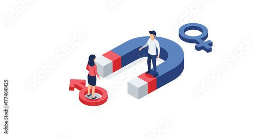 Isometric illustration of a man and woman with gender symbols and a magnet, symbolizing magnetic attraction and gender dynamics.