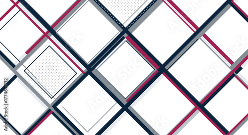 Abstract geometric pattern with intersecting lines creating diamond shapes in blue, gray, and pink against a clean white background.
