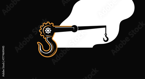 Stylized graphic illustration of an industrial crane hook with a gear mechanism and a smaller hook, outlined in orange, set against a black and white background.