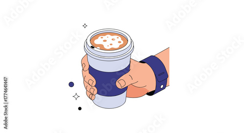 Isometric illustration of a hand holding a takeaway coffee cup with latte art, wearing a blue shirt cuff, and surrounded by subtle decorative elements.