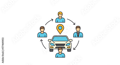 Illustration of a car-sharing or ride-sharing service, featuring a central vehicle, a location pin, and a circular network of users.