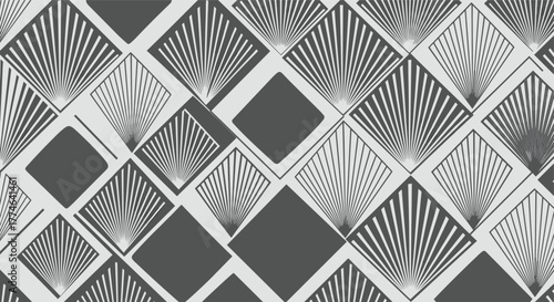 Elegant Art Deco pattern with repeating geometric diamond and fan-shaped motifs in two shades of gray creating a stylish retro background.