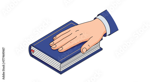 A person's hand rests on a formal blue book, symbolizing the act of taking an oath or making a solemn promise, often seen in legal or ceremonial contexts.