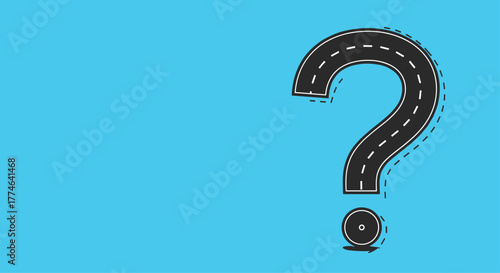 A stylized question mark formed by a winding road with dashed lines, symbolizing choices, direction, and uncertainty on a bright blue background.