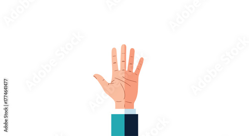 Human hand with palm facing forward, showing all five fingers extended upwards, wearing a business attire sleeve, isolated on a white background.