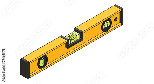 A bright yellow spirit level tool, also known as a bubble level, is shown in an isometric view with three clear vials.