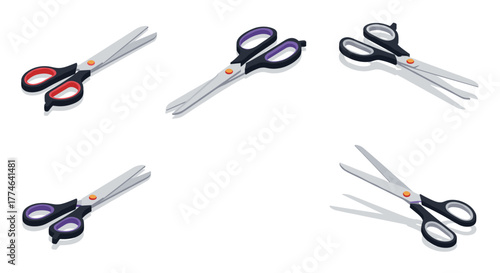 Cartoon illustration of various pairs of scissors with colorful handles, some open and some closed, on a white background.