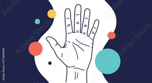 Minimalist illustration of an open human palm with life lines, surrounded by colorful circles and abstract shapes on a dark blue background.