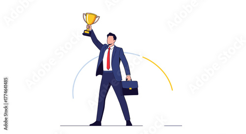 Successful businessman raises a golden trophy in triumph, symbolizing career achievement, professional victory, and market leadership.