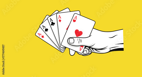 A stylized hand holding a fanned set of five playing cards, all aces, depicted against a vibrant yellow background.