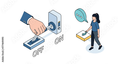A hand activates a system from off to on, symbolizing control and initiation, while a woman holds a key, representing solutions and communication.
