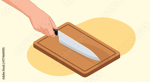 A human hand firmly holds a sharp chef's knife on a classic wooden cutting board, set for kitchen culinary tasks.