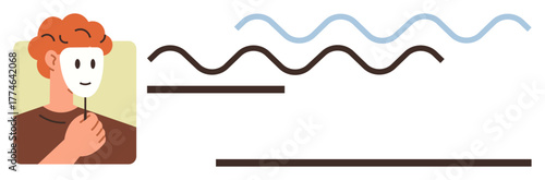 Person with red hair holding a white mask, surrounded by wavy lines, representing deception, identity, mystery, and emotions. Ideal for psychology, social media, theater self-reflection