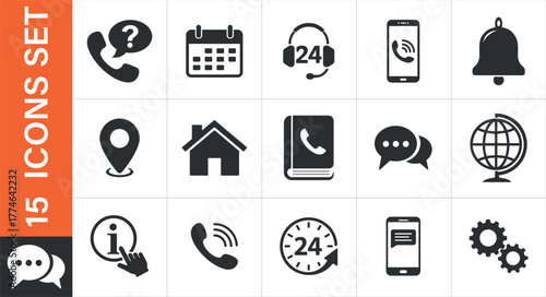 A set of flat design icons representing customer service. Includes phone, calendar, headset, 
location, house, book, chat, globe, information, and gears. Ideal for web design and app interfaces