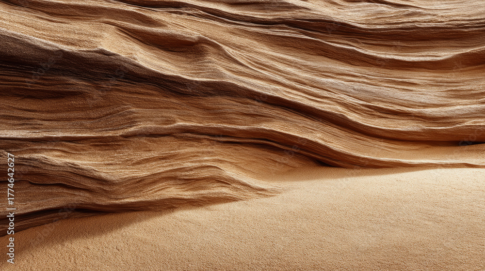 Obraz premium Close-up of textured sandstone layers in a vast empty desert. beautiful desert background. gorgeous scene straight out Arabian fairy tale, where sand, heat, silence reign.