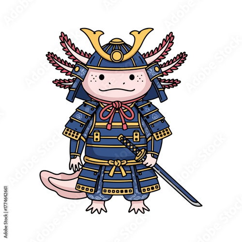Cute Axolotl Samurai Warrior in Traditional Japanese Armor.