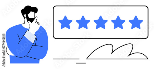 Man thinking next to five-star rating in minimalist blue style. Ideal for feedback, review, evaluation, decision-making, business performance, quality assurance, simple flat metaphor