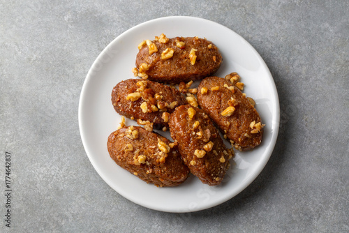Close-up of homemade greek traditional melomakarona cookies