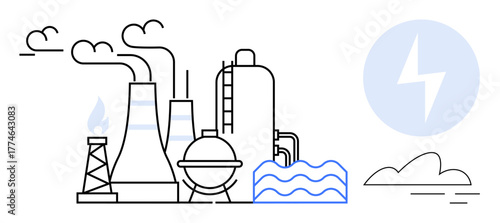Industrial energy facility with chimneys, pipelines, flames, water source, and lightning symbol. Ideal for energy production, sustainability, industry, power generation manufacturing environment