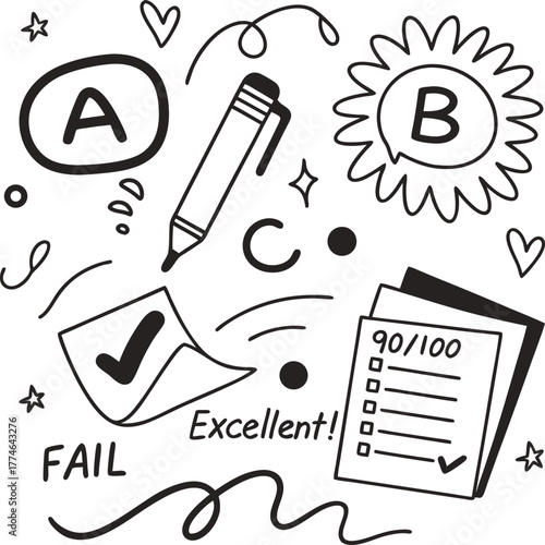 Hand drawn school grades and test results grade a grade b