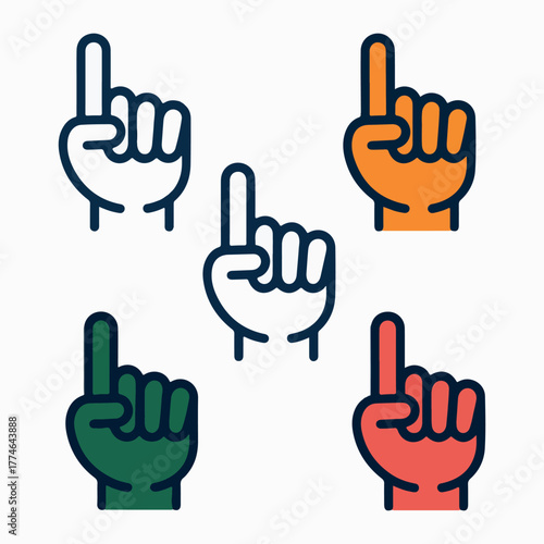 Five cartoon hands pointing up in different colors finger.
