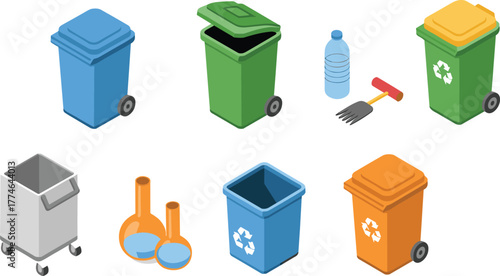 Isometric 3D illustration of recycling bins and waste containers for garbage sorting, environmental conservation, waste management, and eco-friendly awareness