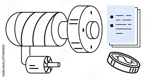Mechanical gear system with a motor, detailed design diagrams, and engineering documents. Ideal for technology, engineering, manufacturing process, mechanics, innovation, technical drawing system