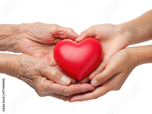 Two hands, one aged and one young, hold a bright red heart symbolizing love and connection across generations.