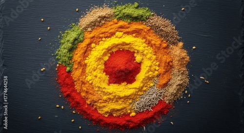 Aerial view of colorful spices arranged in concentric circles on a dark textured surface top view food art