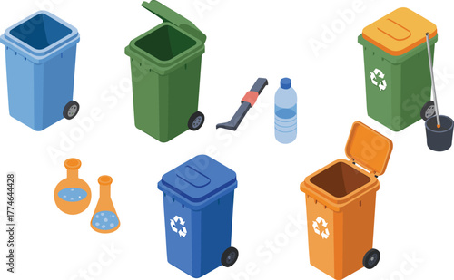 Isometric 3D illustration of recycling bins and waste containers for garbage sorting, environmental conservation, waste management, and eco-friendly awareness