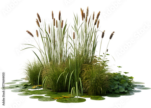 Cattails and grasses growing beside lily pads in a serene pond environment outdoors