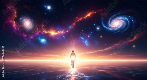 Abstract Silhouette Standing Horizon Cosmic Scene Distant Figure Contemplating Outer Space Vast Expanse Nebulae Galaxies Colorful Starry Sky Spiritual Journey